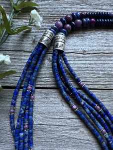Sterling Silver Multi Strand Stone Lapis Purple Charoite Bead Necklace. 26 inch
