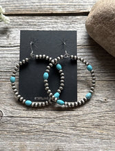Load image into Gallery viewer, Southwestern Sterling Silver Turquoise Pearls Bead Hoop Earrings 2.5 Inch
