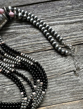 Load image into Gallery viewer, Sterling Silver Multi Strand Black Onyx Pink Conch Pearls Bead Necklace. 28 Inch