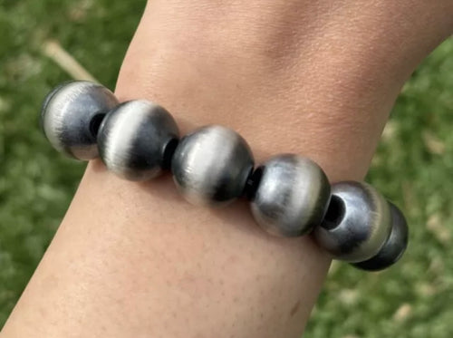 16mm 7 Inch Stretch Sterling Silver Oxidized Pearls Bead Bracelet Southwestern