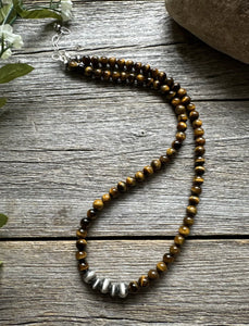 Southwestern 925 Sterling Silver Tigers Eye Pearls Bead Necklace 18 inch