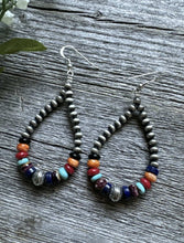 Load image into Gallery viewer, Southwestern Sterling Silver Multi Stone 4mm Pearls Bead Loop Dangle Earrings 3”