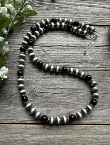 Southwestern Sterling Silver Black Onyx 10mm Pearls Bead Necklace. 26 Inch. Gift