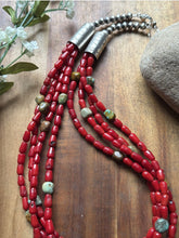 Load image into Gallery viewer, Sterling Silver Multi Strand Red Coral Turquoise Nuggets Bead Necklace 22 Inch