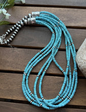 Load image into Gallery viewer, Sterling Silver Multi Strand Blue Turquoise Bead Necklace. 24 inch. Gift