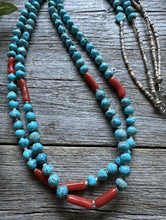 Load image into Gallery viewer, Native American Sterling Silver Multi Strand Turquoise Coral Bead Necklace 34”