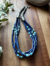 Load image into Gallery viewer, Sterling Silver Multi Strand Heishi Lapis Turquoise Pearls Bead Necklace 18 inch