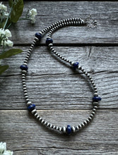 Load image into Gallery viewer, Southwestern Sterling Silver Lapis 4mm Pearls Bead Necklace. 18 Inch. Gift