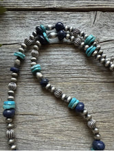 Load image into Gallery viewer, Southwestern Sterling Silver Blue Lapis Turquoise Pearls Bead Necklace 22 inch