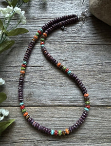Sterling Silver Purple Spiny Oyster Multi Stone Bead Necklace. 18 inch. Gift