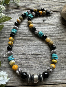 Sterling Silver Multi Stone Turquoise Onyx BumblebeeJasper Bead Necklace 18 inch