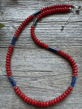 Load image into Gallery viewer, Sterling Silver Red Coral Lapis Bead Necklace. 18 inch Gift
