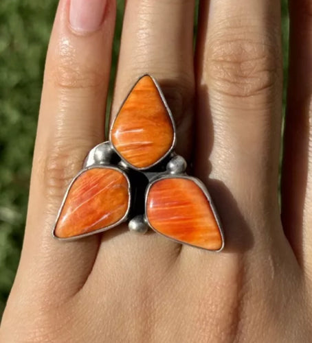 Jimmy Garcia Sterling Silver Orange Spiny Oyster Adjustable Ring. Navajo