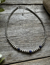 Load image into Gallery viewer, Sterling Silver 4mm Pearls with Lapis Bead Necklace Choker. 14 inch