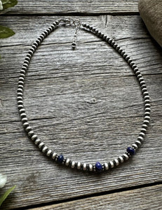 Sterling Silver 4mm Pearls with Lapis Bead Necklace Choker. 14 inch