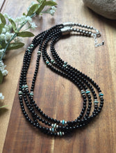 Load image into Gallery viewer, Sterling Silver Multi Strand Black Onyx Turquoise Bead Necklace. 22 Inch