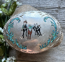 Load image into Gallery viewer, Vintage Native American Sterling Silver Turquoise Mosaic Inlay Belt Buckle. JC