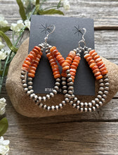 Load image into Gallery viewer, Sterling Silver Double Loop Orange Spiny Oyster Pearls Hoop Earrings.