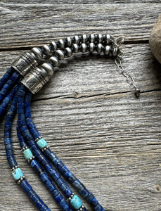 Sterling Silver Multi Strand Lapis  Turquoise Pearls Bead Necklace. 24 inch