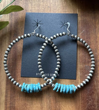 Load image into Gallery viewer, Large Sterling Silver Blue Turquoise Bead 4mm Pearls Loop Hoop Earrings. 3 Inch