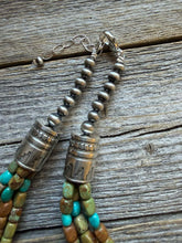 Load image into Gallery viewer, Sterling silver sourhwestern blue green turquoise multistrand necklace 24 inch