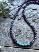 Load image into Gallery viewer, Sterling Silver Dyed Sugilite Charoite W Turquoise Bead Necklace 18 inch