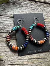 Load image into Gallery viewer, Southwestern 925 Sterling Silver Multi Stone Pearls Hoop Earrings.