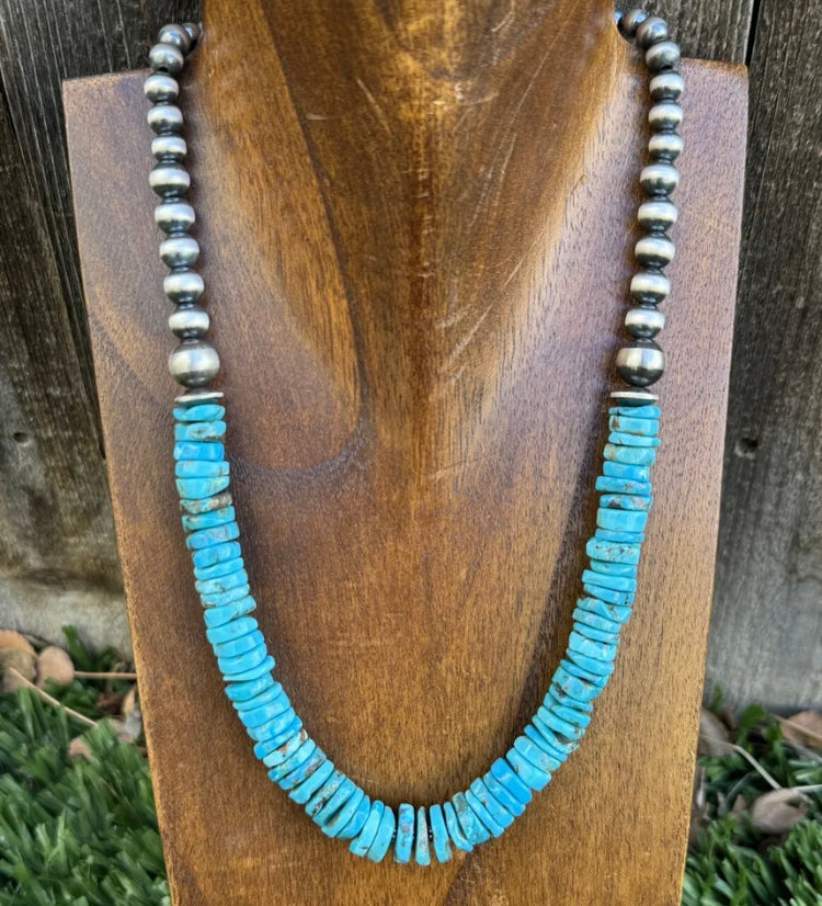 Sterling Silver Blue Turquoise W Pearls Bead Necklace. 18 inch