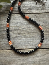 Load image into Gallery viewer, Sterling Silver Black Onyx Orange Spiny Oyster Bead Necklace. 18 Inch Gift