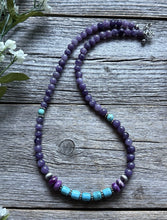 Load image into Gallery viewer, Sterling Silver Dyed Sugilite Charoite W Turquoise Bead Necklace 18 inch