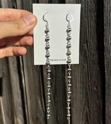 Long Sterling Silver 5mm Pearls Rosary Bead Drop Earrings. 5.5 Inch