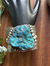 Load image into Gallery viewer, Native American Sterling Silver Turquoise Nugget Cuff Bracelet. CY