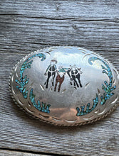 Load image into Gallery viewer, Vintage Native American Sterling Silver Turquoise Mosaic Inlay Belt Buckle. JC