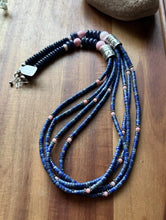Load image into Gallery viewer, Sterling Silver Multi Strand Heishi Lapis Pink Conch Bead Necklace 26 inch