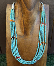 Load image into Gallery viewer, Sterling Silver Multi Strand Stone Blue Turquoise Bead Necklace. 24 inch