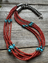 Load image into Gallery viewer, Natural Coral Sleeping Beauty Turquoise Sterling Silver MultiStrand BeadNecklace