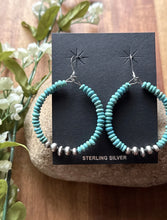 Load image into Gallery viewer, Sterling Silver Blue Turquoise Bead W Pearls Loop Hoop Earrings.