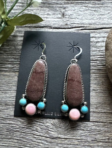 Navajo Sterling Silver Multi Stone Turquoise Pink Conch Earrings RY