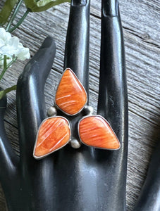 Jimmy Garcia Sterling Silver Orange Spiny Oyster Adjustable Ring. Navajo