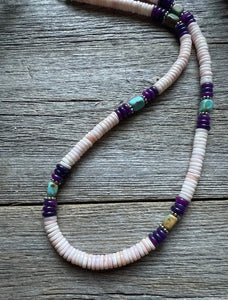 Southwestern Sterling Silver Pink Conch Multi Stone Bead Necklace. 18 Inch