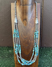 Load image into Gallery viewer, Sterling Silver Multi Strand Blue Turquoise Nuggets Pearls Bead Necklace 30 inch