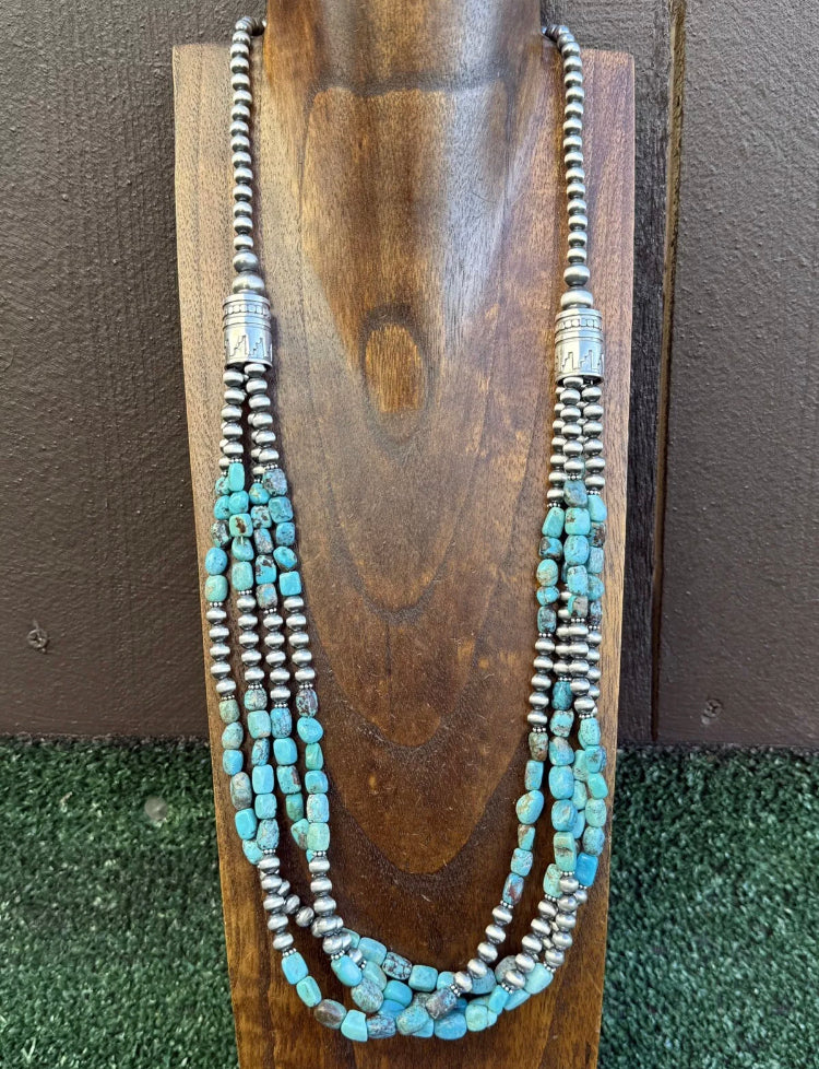 Sterling Silver Multi Strand Blue Turquoise Nuggets Pearls Bead Necklace 30 inch