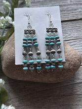 Load image into Gallery viewer, Sterling Silver Blue Turquoise W Pearls Rosary Bead Dangle Earrings. 3 Inch