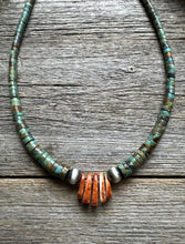 Load image into Gallery viewer, Sterling Silver Orange Spiny Oyster Turquoise Heishi Jackla Bead Necklace 17”