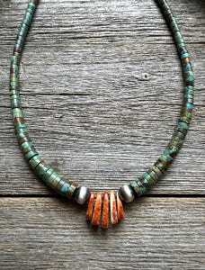 Sterling Silver Orange Spiny Oyster Turquoise Heishi Jackla Bead Necklace 17”