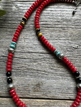 Load image into Gallery viewer, Southwestern 925 Sterling Silver Multi Stone Red Coral Bead Necklace 18 inch