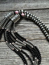 Load image into Gallery viewer, Sterling Silver Multi Strand Black Onyx Pink Conch Pearls Bead Necklace. 28 Inch
