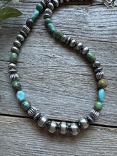 Load image into Gallery viewer, Sterling Silver Blue Green Turquoise W Pearls Round Bead Necklace 18 inch Gift