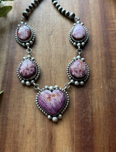 Load image into Gallery viewer, Navajo Sterling Silver  Purple Spiny Oyster Lariat Pearls Bead Heart Necklace RY