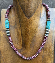 Load image into Gallery viewer, Sterling Silver Turquoise Purple Spiny Oyster Bead Necklace. 18 Inch